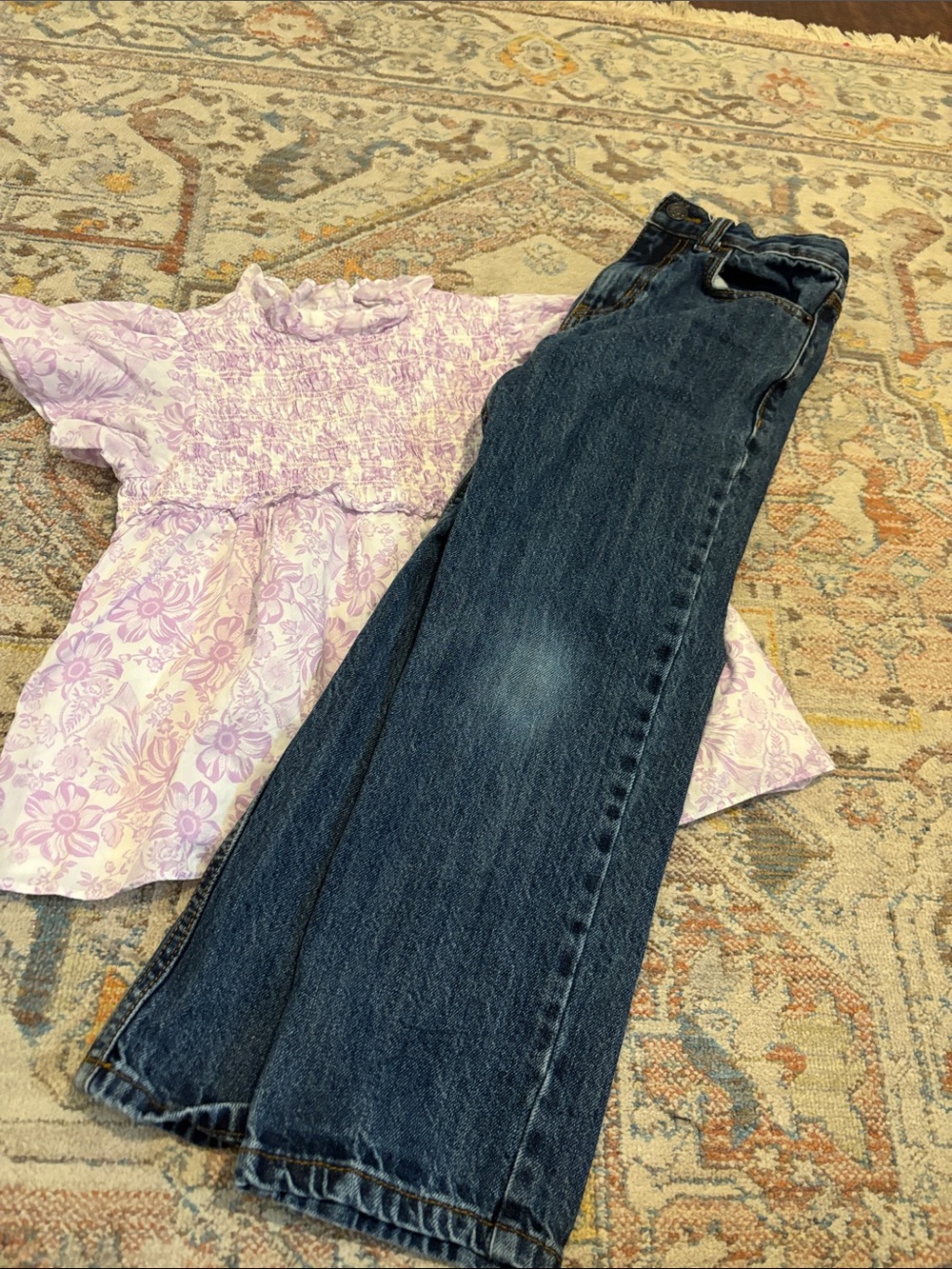 Janie and Jack Lilac Floral Top with Dark Blue Straight-Leg Jeans